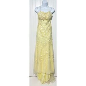 Amarra‎ Yellow Floral Lace Applique Spaghetti Strap Formal Gown Dress Size 2